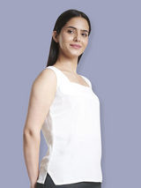 Square neck white camisole in poly moss, showcasing regular fit.