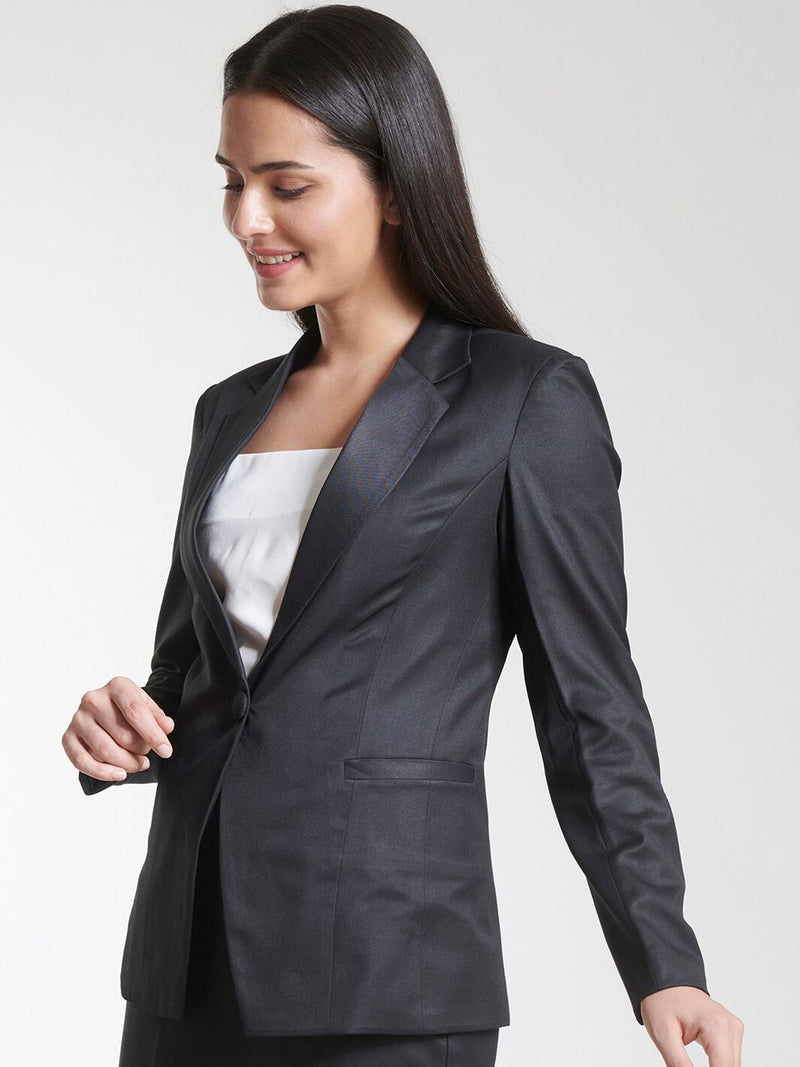 Poly Cotton Single Button Blazer - Black