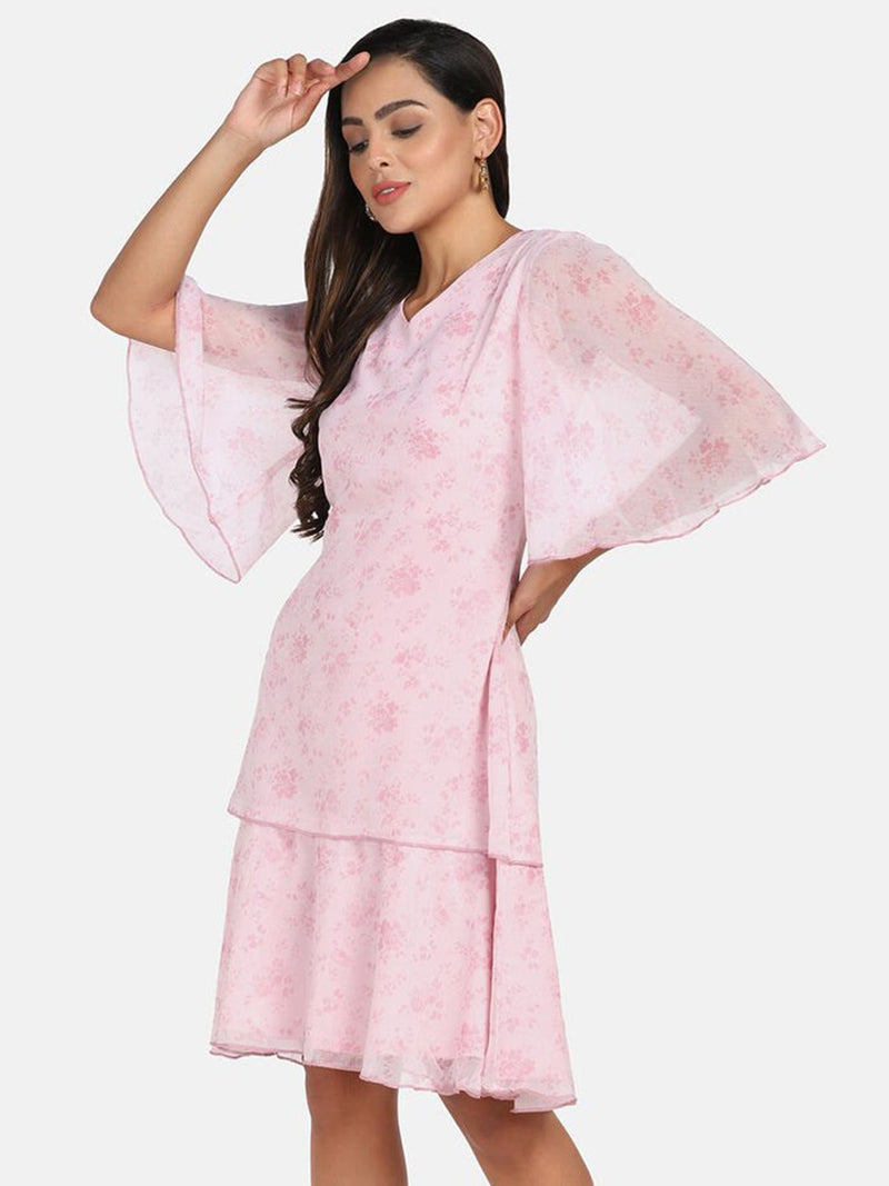 Floral Print Chiffon A line Dress - Pink