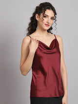 Sleeveless Satin Top With Cowl Neck - Maroon