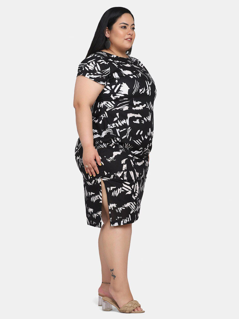 Printed Cotton Straight Formal Dress for Women - Black