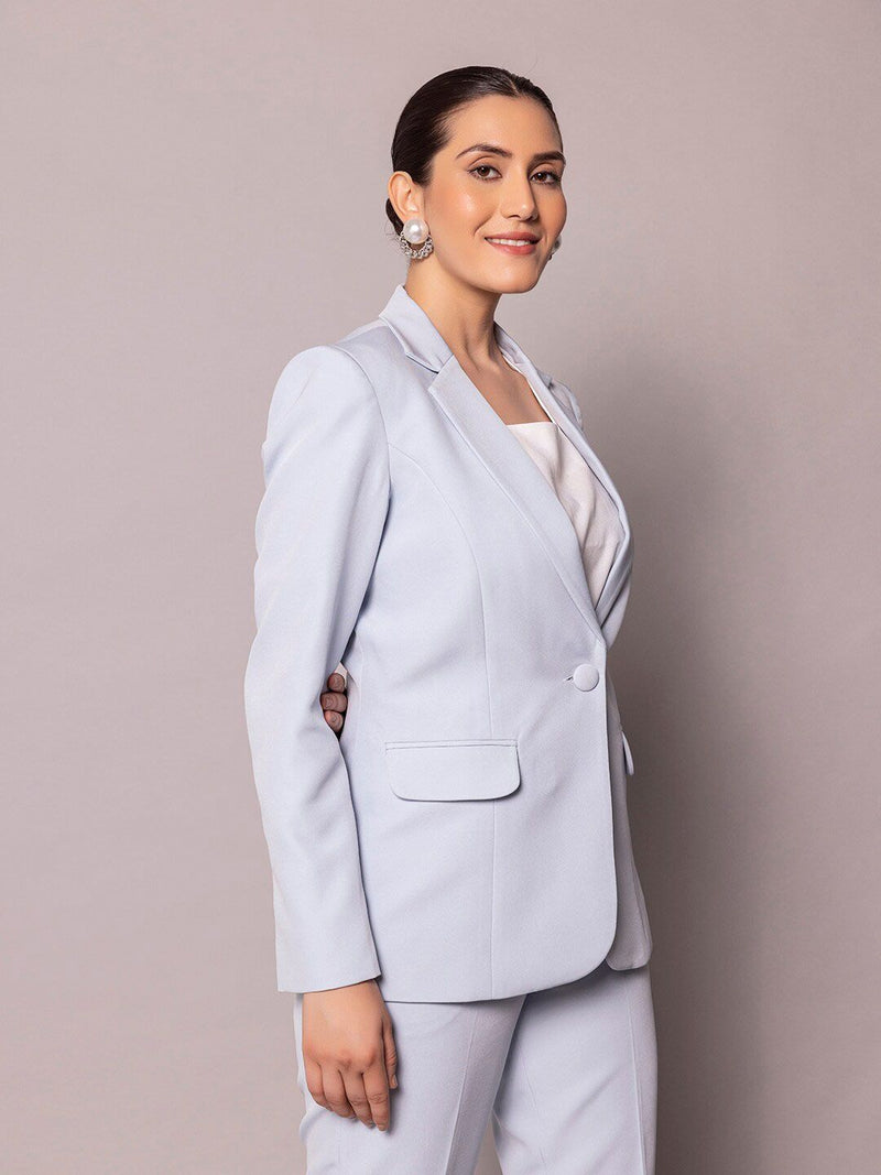 Notch Collar Stretch Pant Suit- Ice Blue