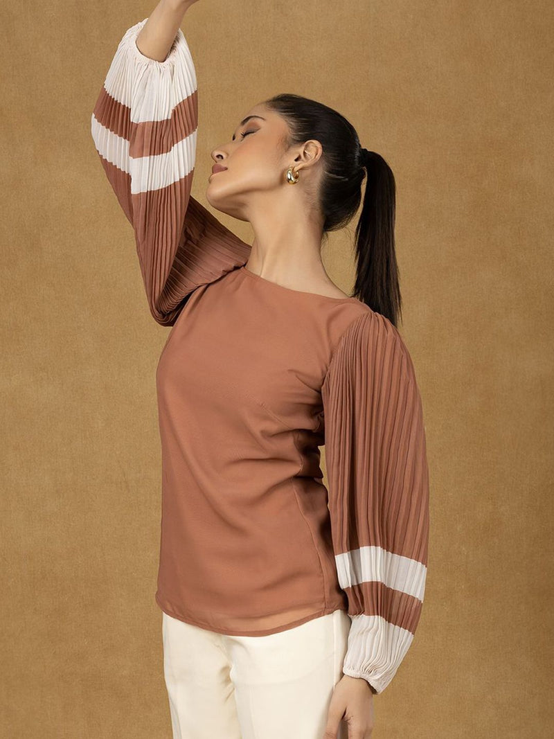 Brown Round Neck Pleated Sleeve Top