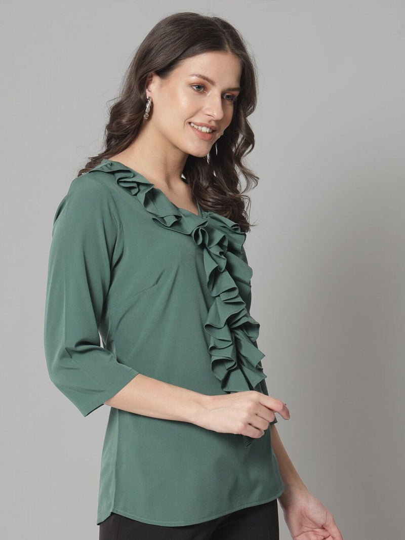 Ruffled Neckline Top- Green