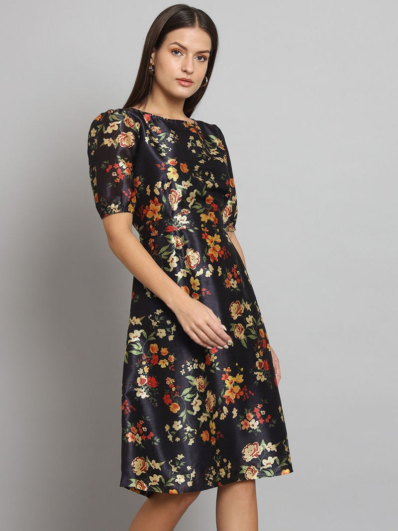 Printed Silk A-Line dress- Black