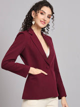 Notched Collar  Blazer - Maroon