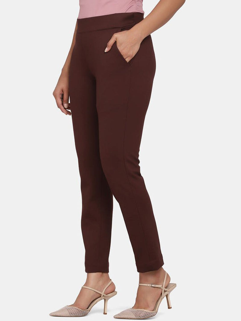 Slim-Fit Stretch Trousers For Women- Chocolate Brown