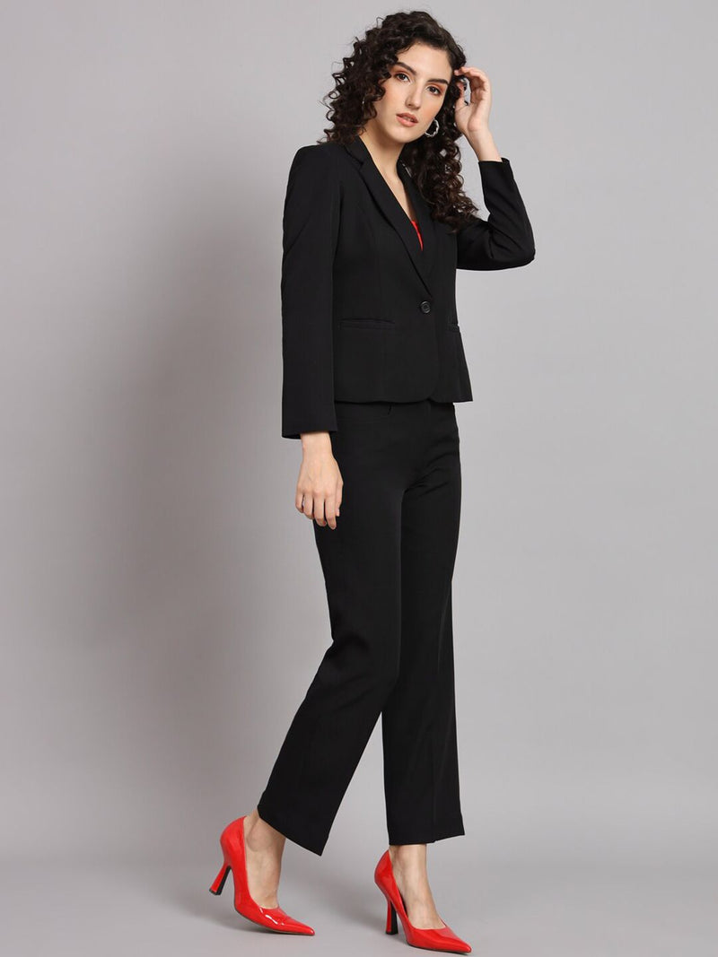 Short Blazer Notched Collar Polyester Pant Suit - Black