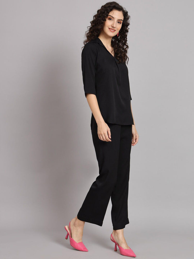 V-Neck Shirt Collar with Box Pleat Pant Suit - Black