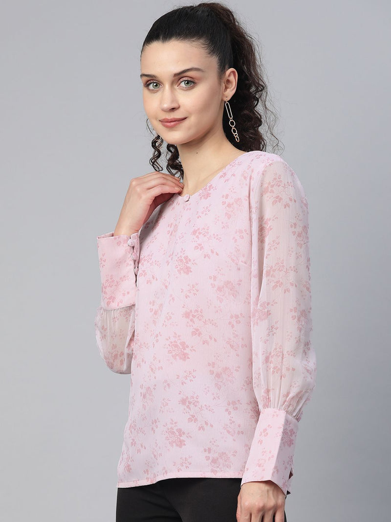 Chiffon Floral Print Top -Baby Pink