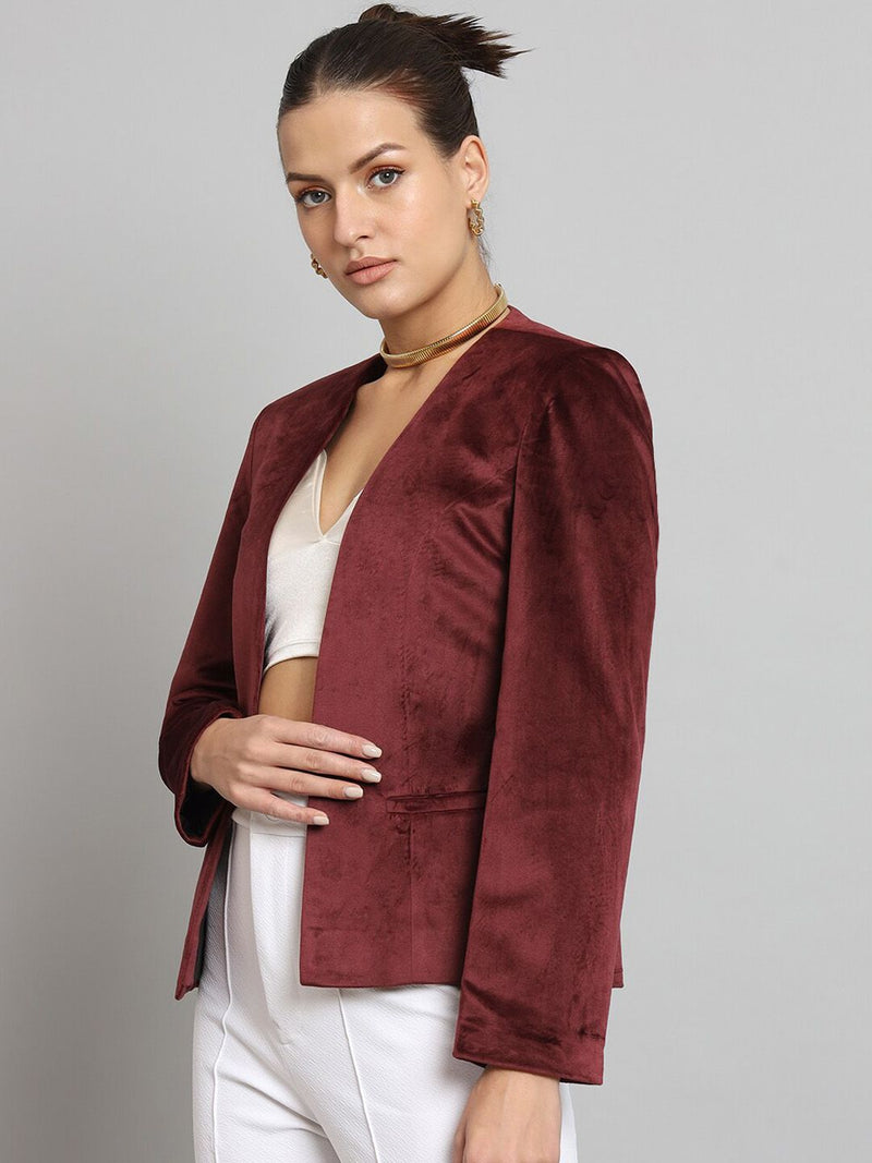 Short Velvet jacket without collar- Maroon