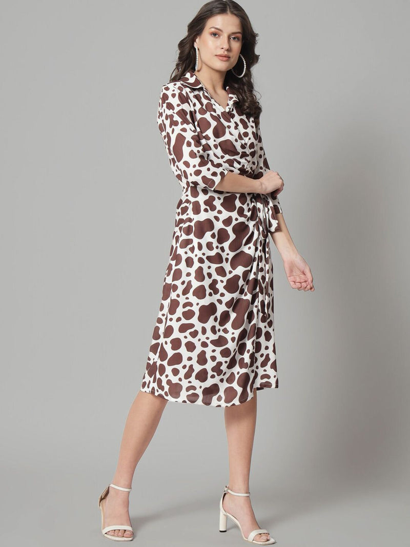 Wrap Around Animal Print Dress - Brown & White