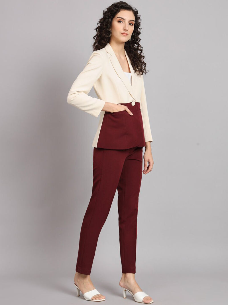 Colour Block Notched Collar Pant Suit - Off White and Maroon