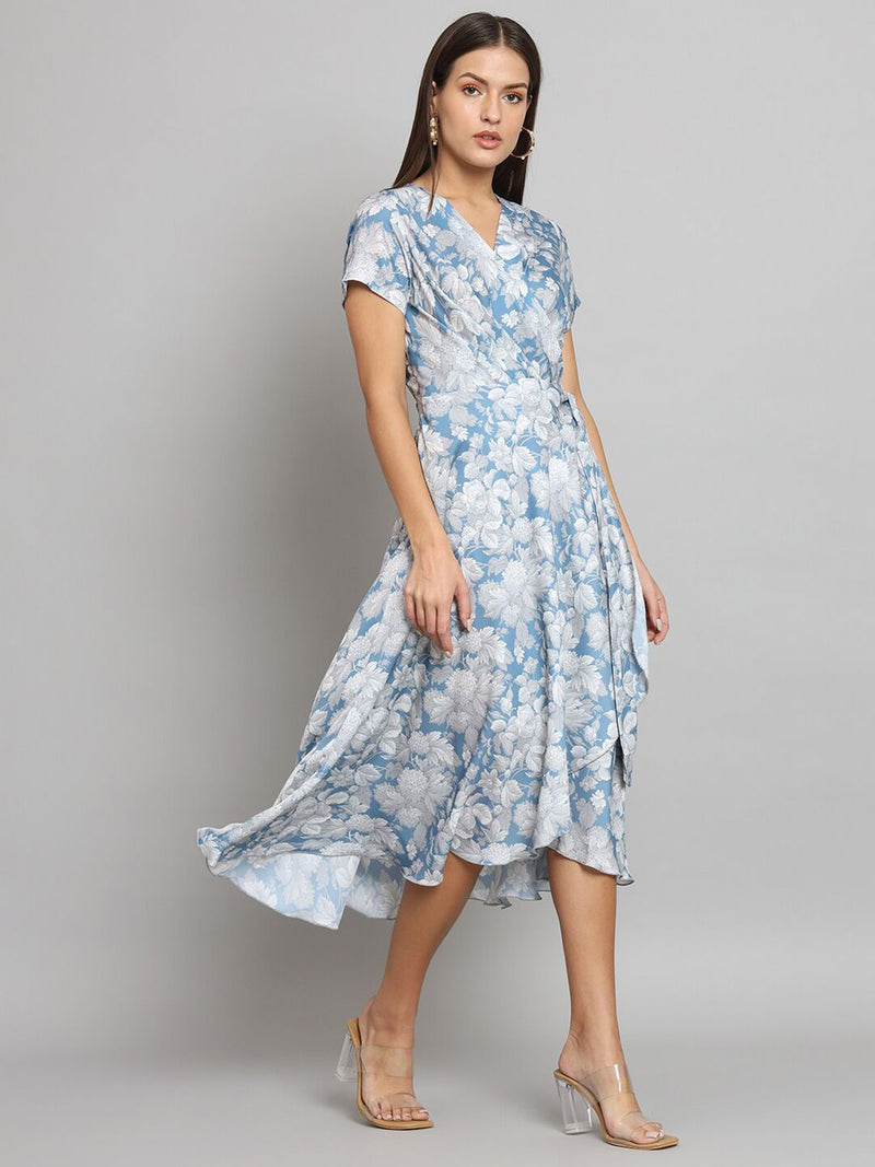 Printed wrap around dress- Blue and Grey