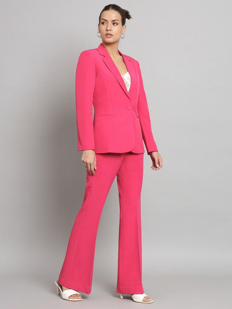 Notch Collar Stretch Pant Suit- Hot Pink