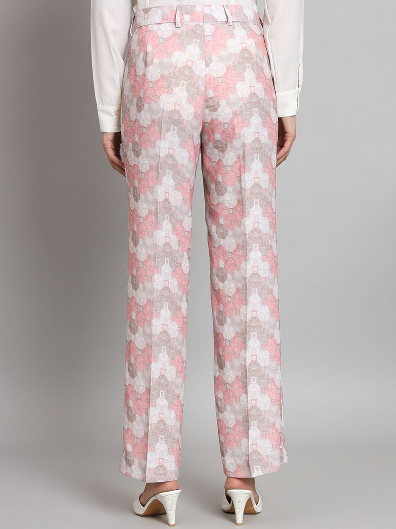 Mid Waist Printed Straight Fit Trouser- Pink