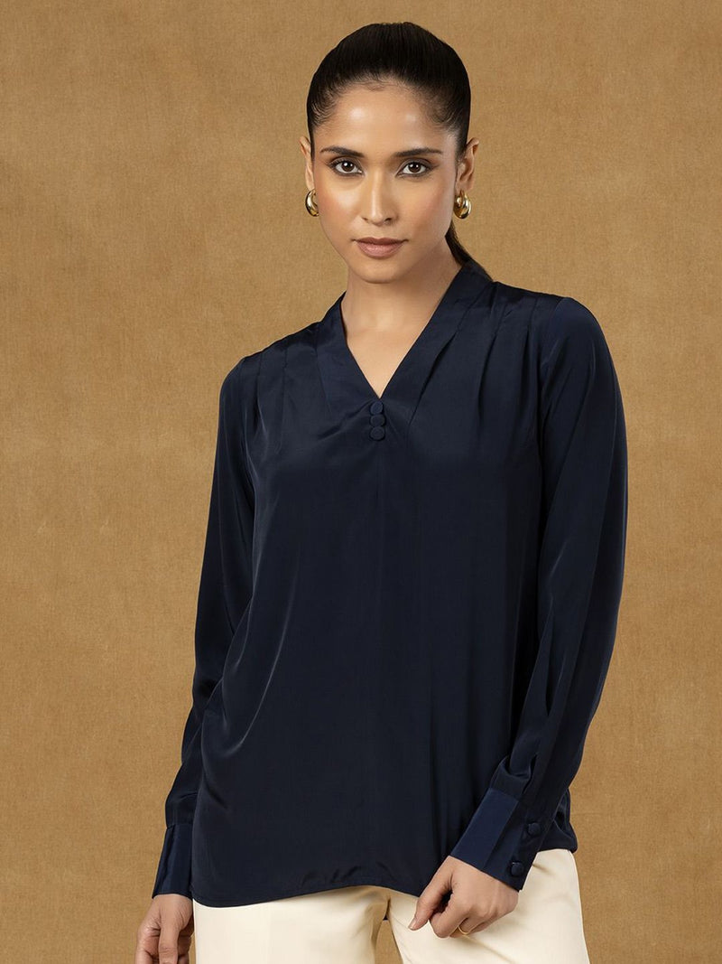 Navy Blue V Neckline Pleated Top