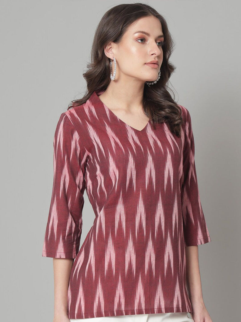 V-Neck Ikat Print Cotton Top- Maroon