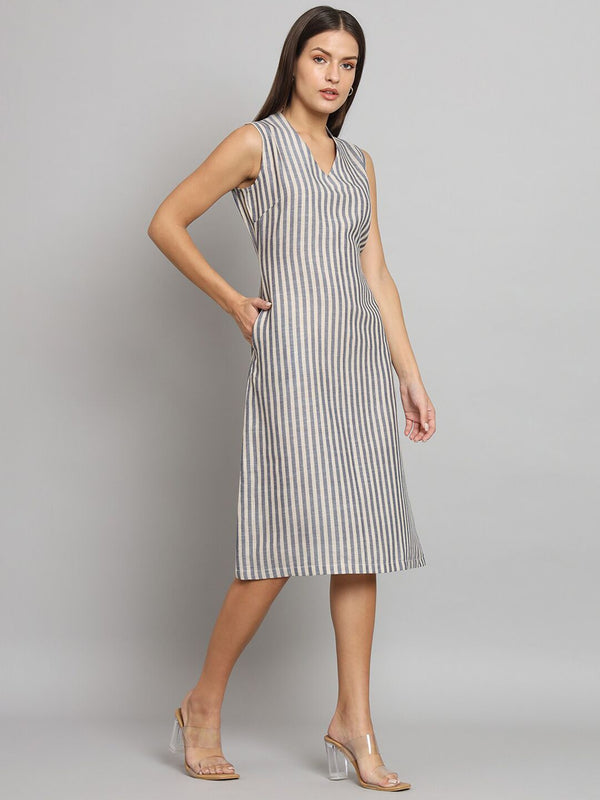 A-line Striped Poly Linen Dress- Blue and Beige