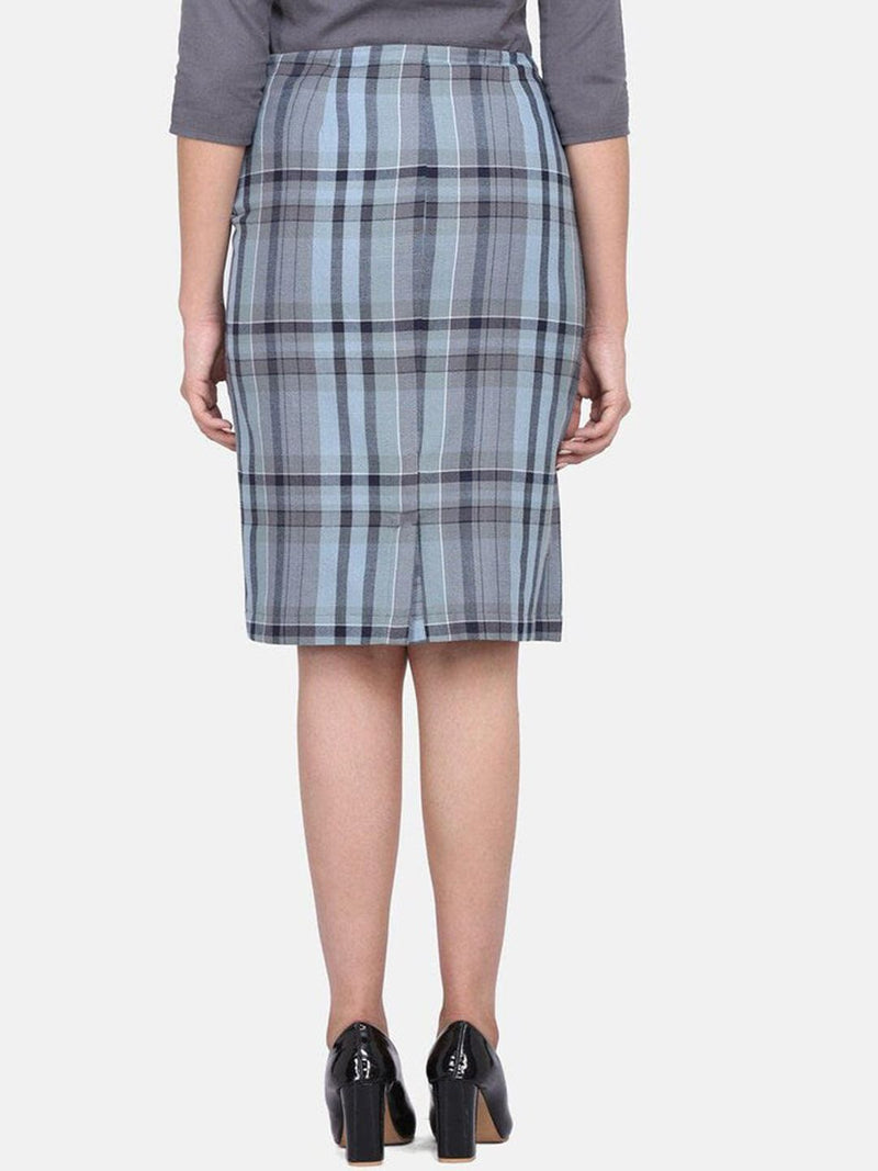 Checkered Straight Cotton Skirt - Grey