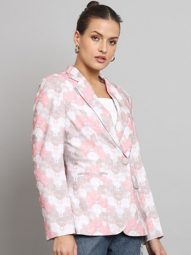 Printed Notch Collar Blazer- Pink