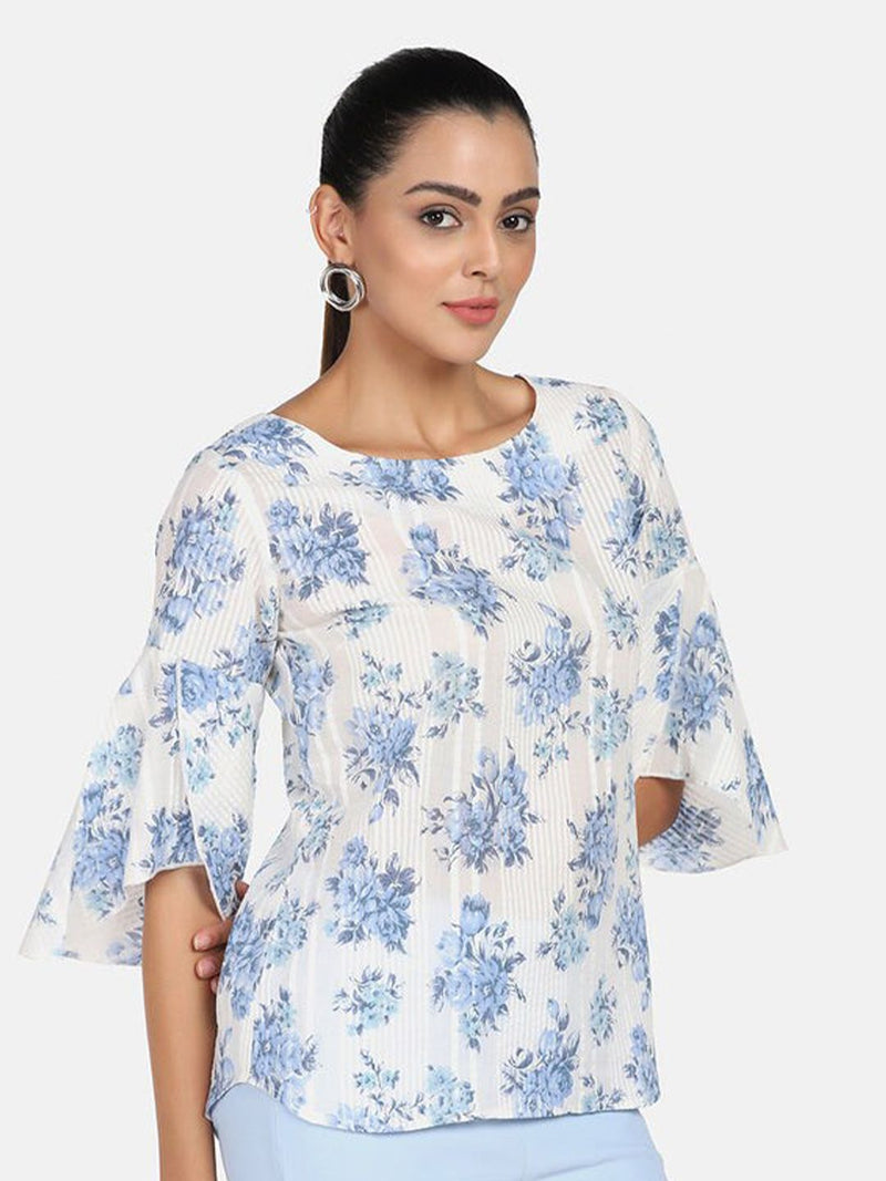 Cotton Printed Top - Blue & White