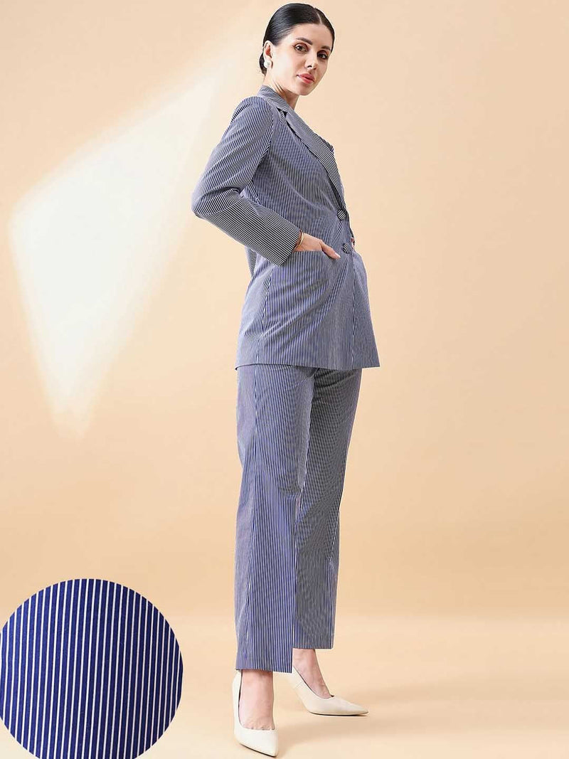 Cotton Stripe Pant Suit - Blue and White