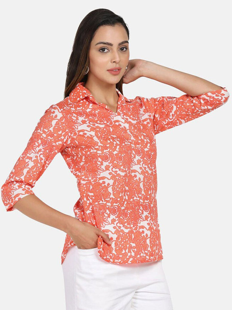 Printed Cotton Top -  Orange &. White