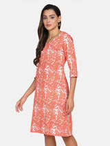 Cotton Printed A Line Dress - Orange & White