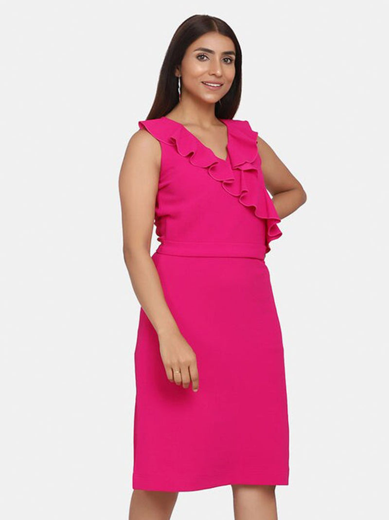 Ruffle Neckline Evening Formal Dress - Fuchsia