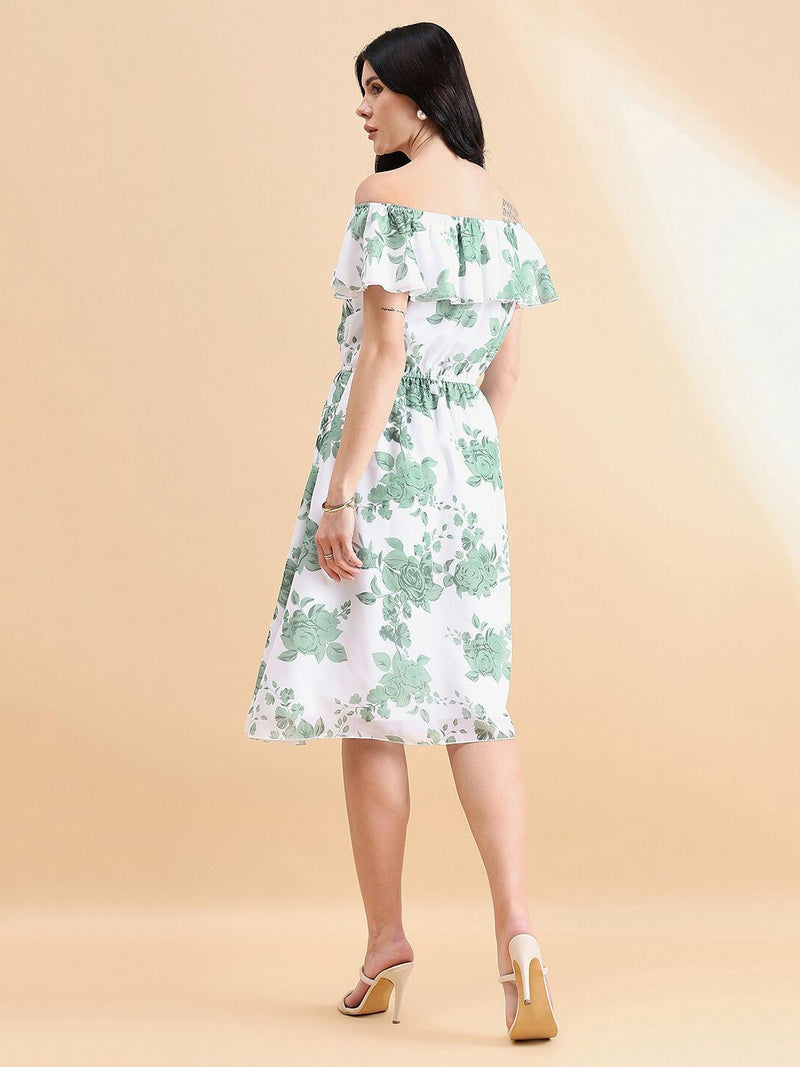 Frill Floral Dress - Green & White