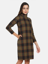 Warm Checkered Tweed Dress - Brown