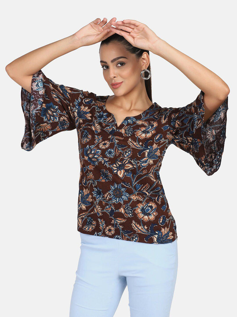 Floral Cotton Top - Brown & Blue