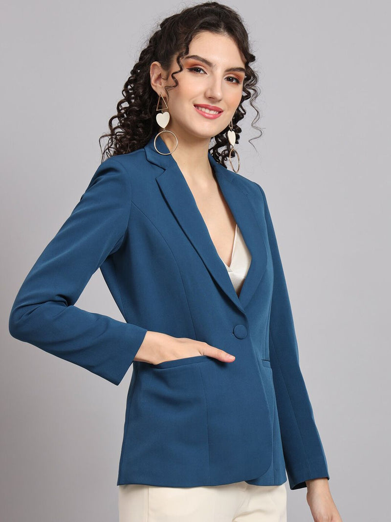 Notched Collar Polyester Blazer - Teal Blue