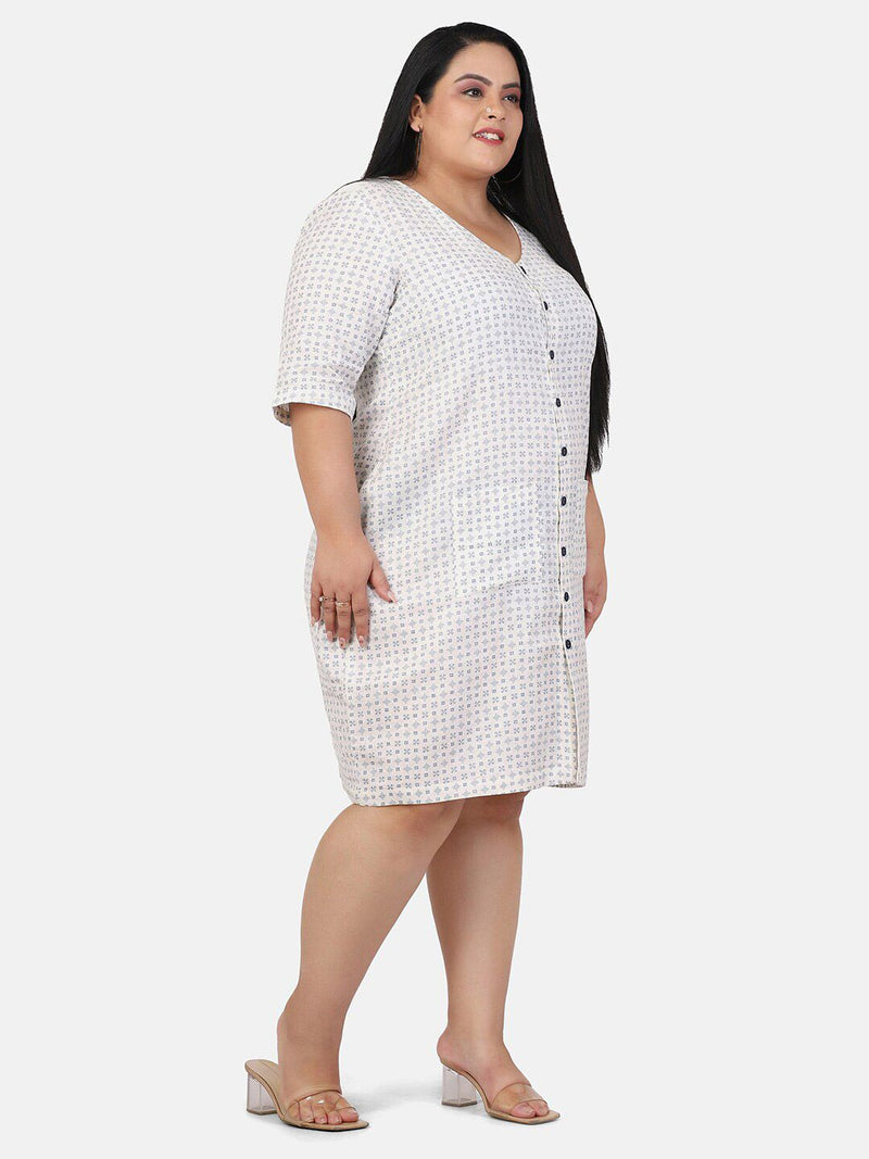 Off White with Blue Print Linen Dress