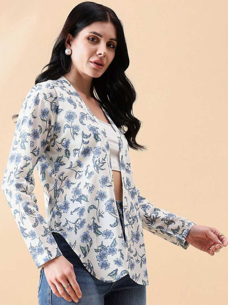 Front Open Cambric Printed Jacket- white and blue