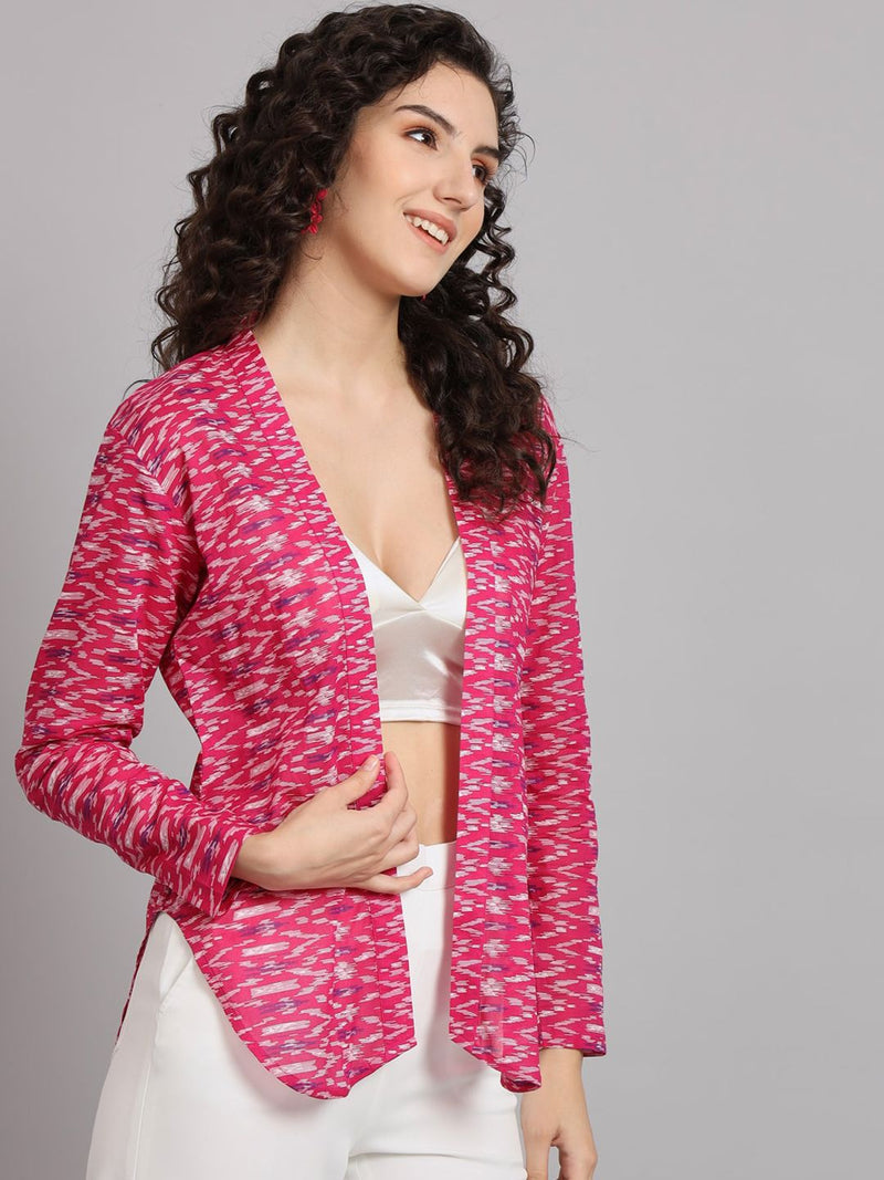 Front Open Ikat Print Jacket - White & Pink