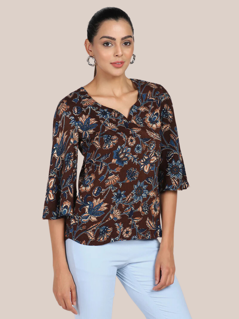 Floral cotton top in brown and blue, stylish women's fashion.