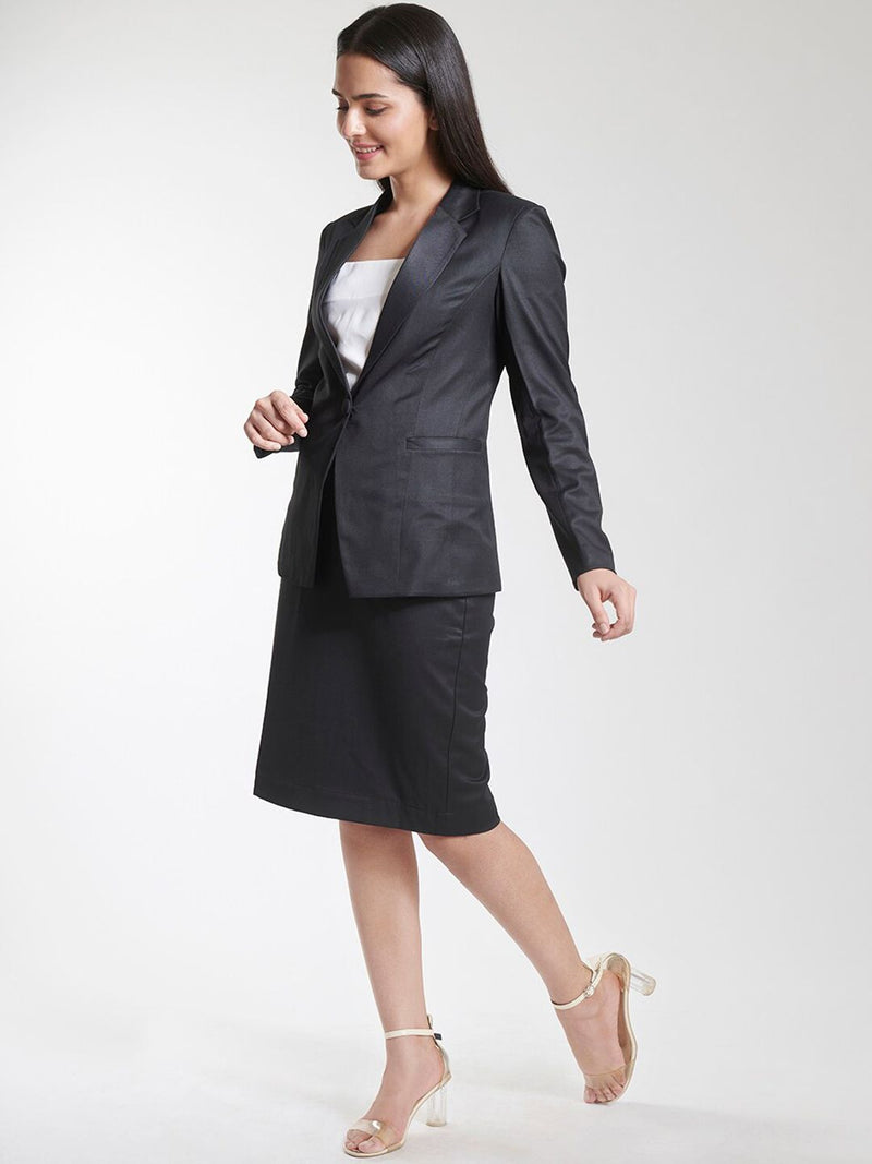 Poly Cotton Single Button Blazer - Black