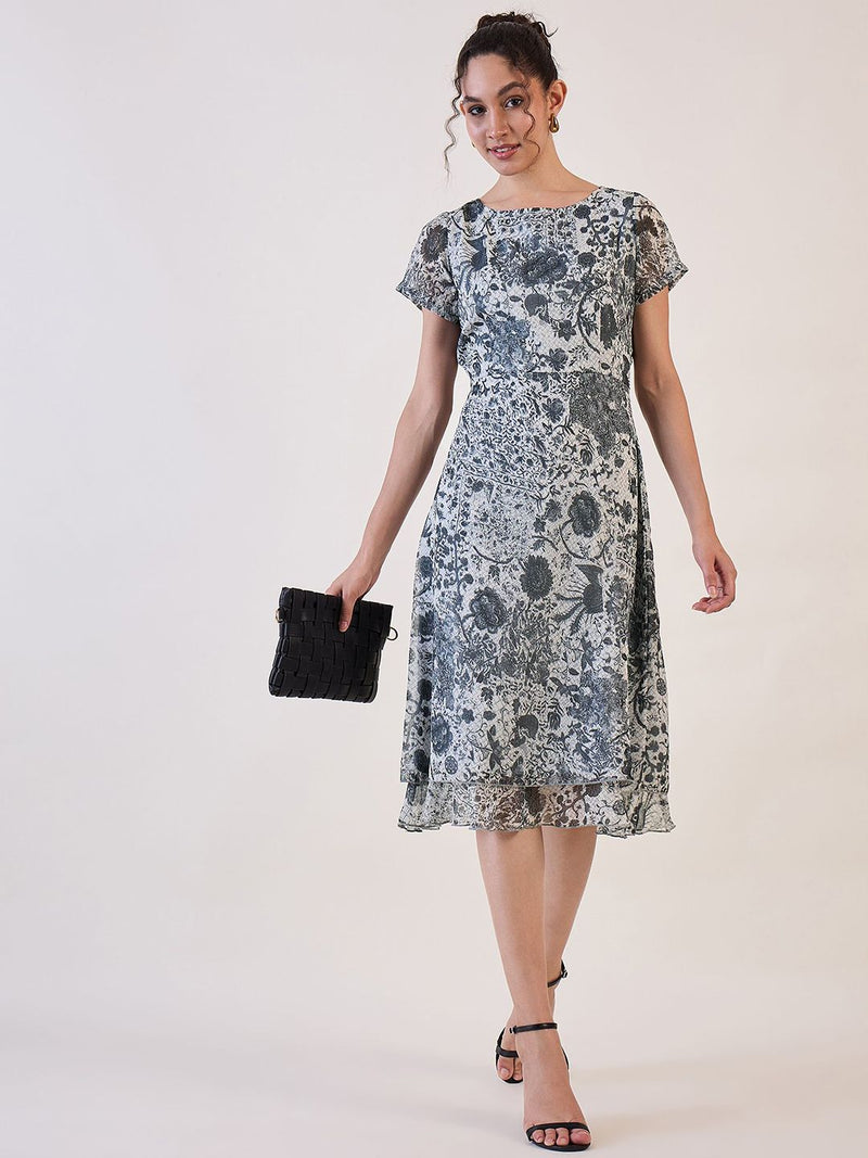 Grey Floral Comfort Fit Shift Dress