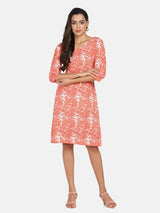 Cotton Printed A Line Dress - Orange & White