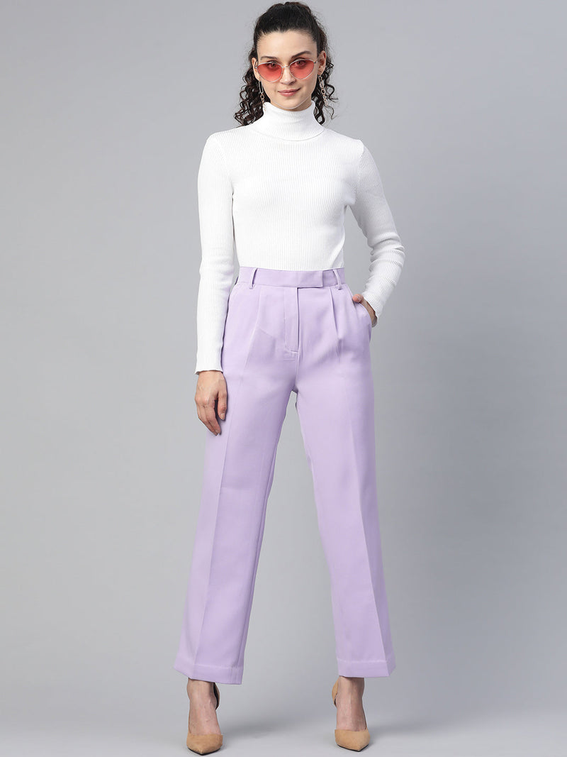 Comfort Fit Stretch Lavender Pleated Trousers for stylish women.