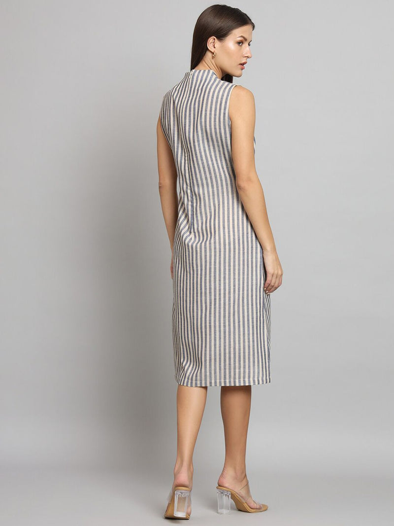 A-line Striped Poly Linen Dress- Blue and Beige