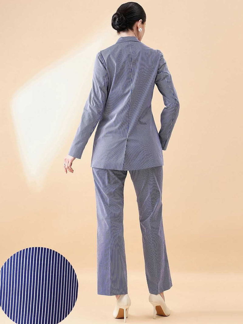 Cotton Stripe Pant Suit - Blue and White