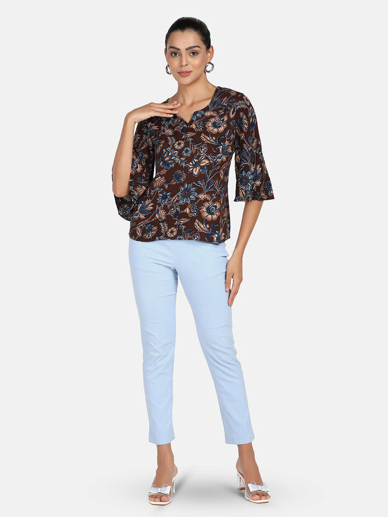 Floral Cotton Top - Brown & Blue