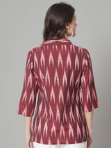 V-Neck Ikat Print Cotton Top- Maroon