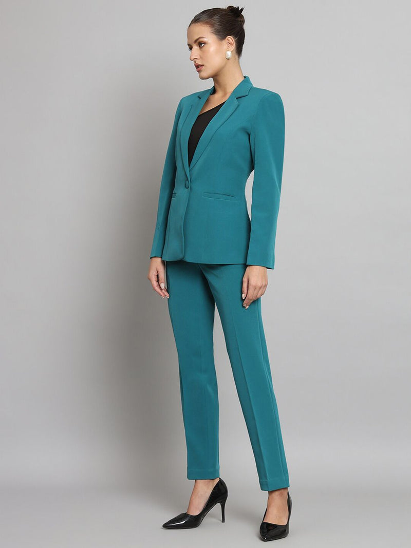 Notch Collar Stretch Pant Suit- Teal Green