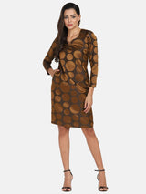 Polka Dot Pure Silk Party Dress- Copper Brown