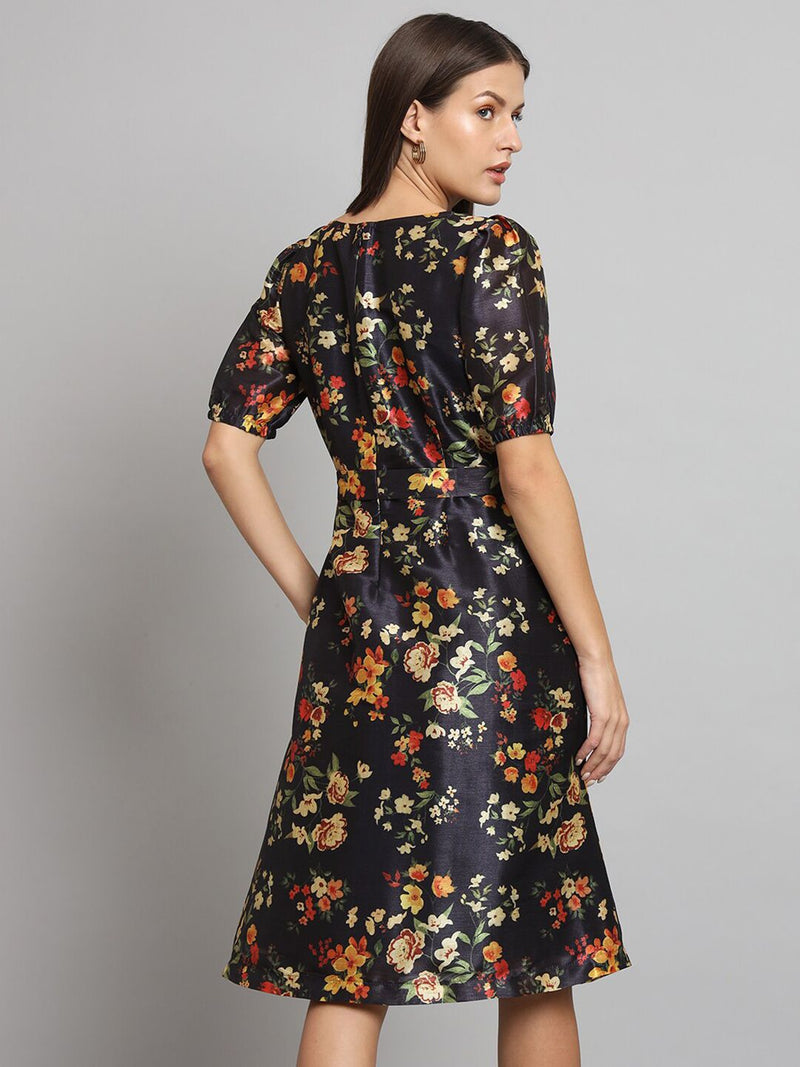 Printed Silk A-Line dress- Black