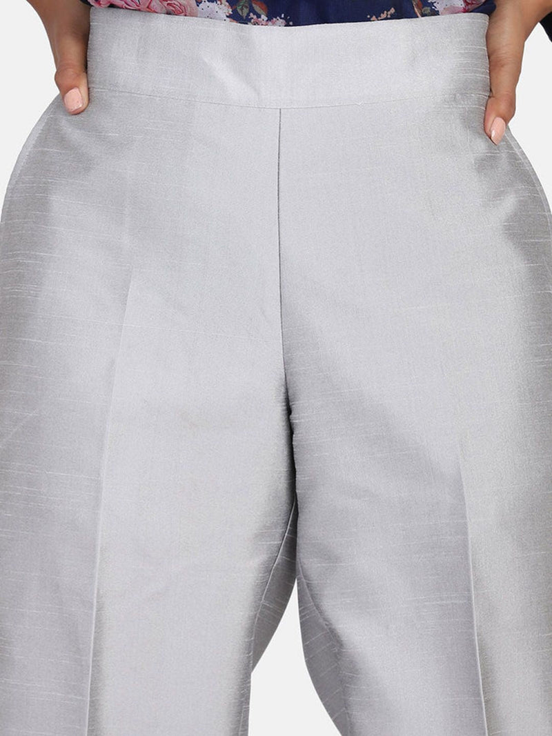 Dupioni Silk Mid Waist Trousers - Silver